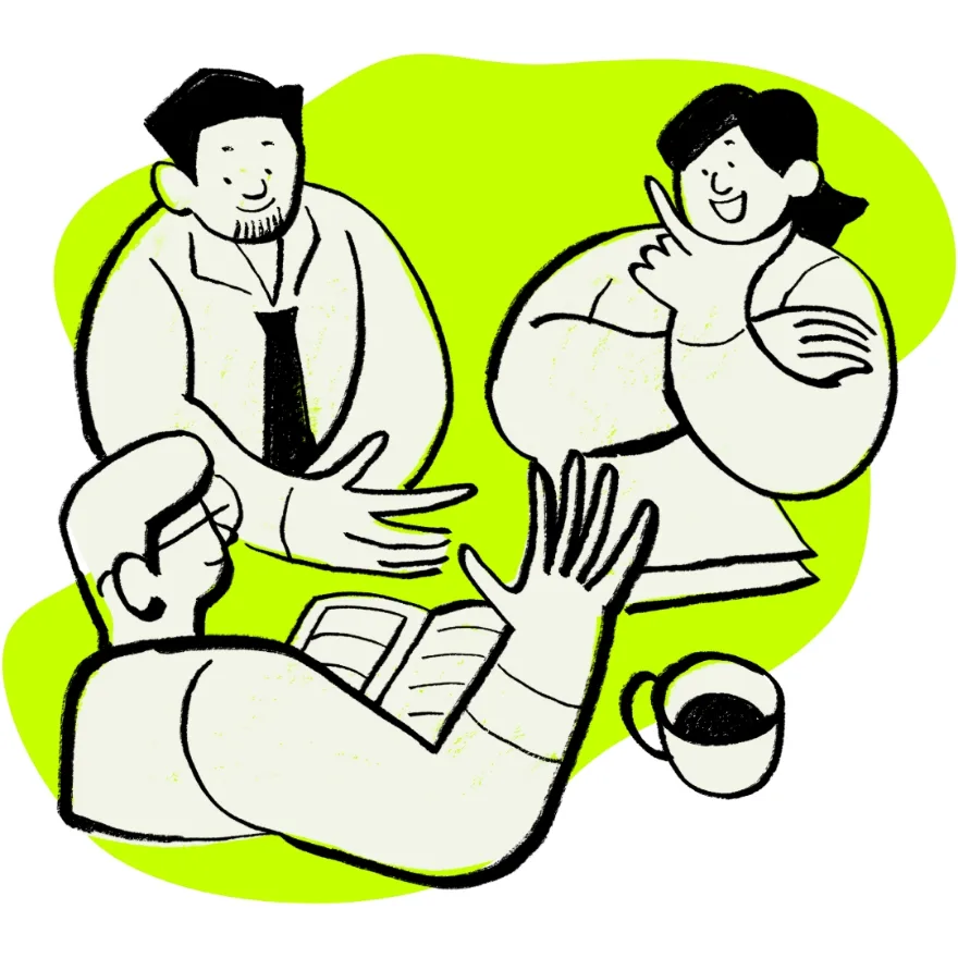 Illustration of three colleagues chatting over coffee