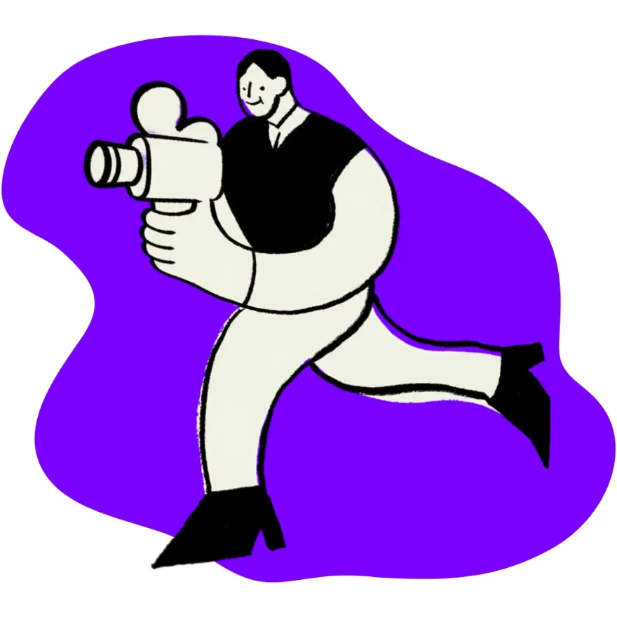 Illustration of a videographer striding forward with a film camera