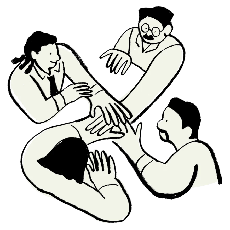 Illustration of four people joining hands in the middle, as a team