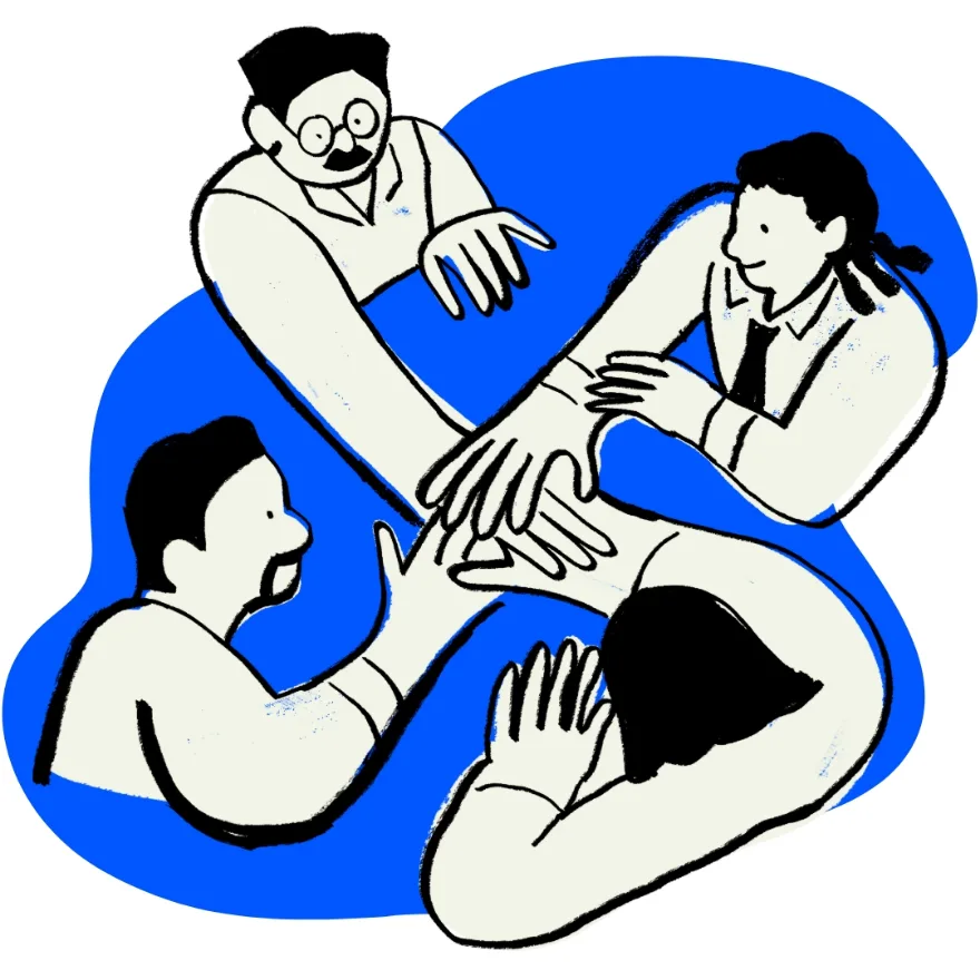 Illustration of four people joining hands in the middle of a circle