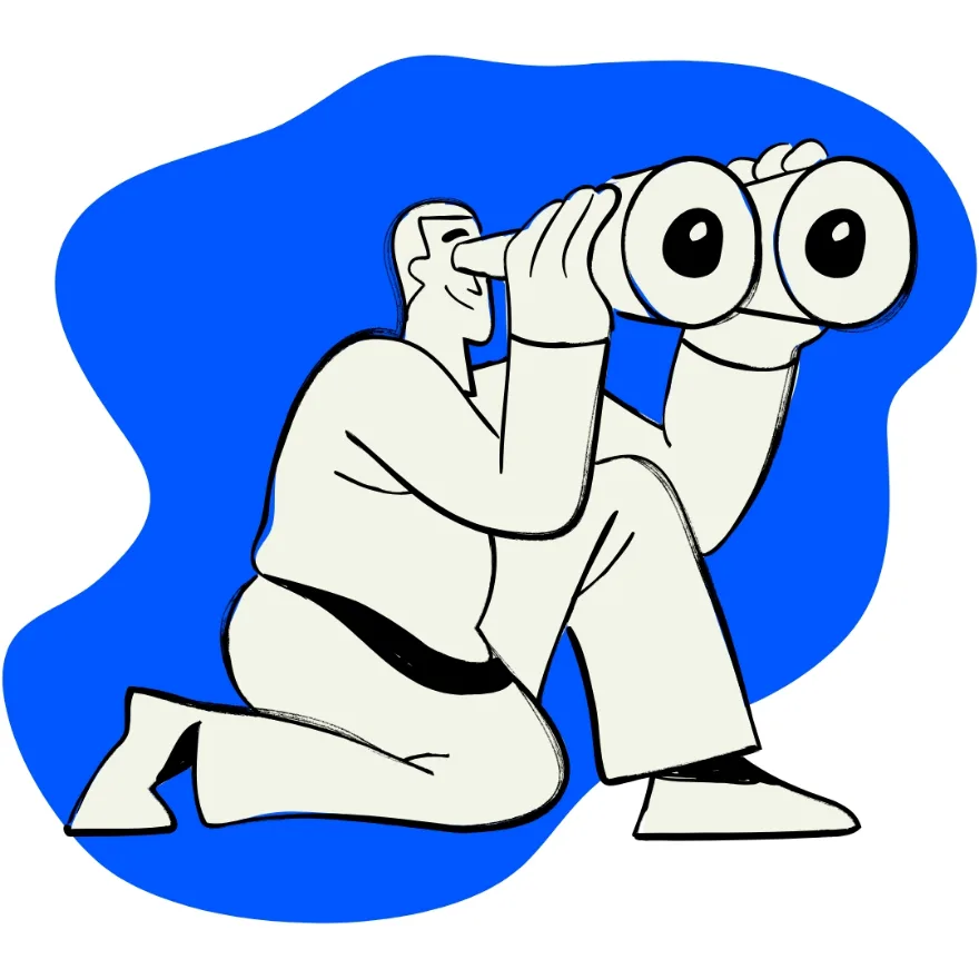 Illustration of a person kneeling and looking through binoculars, searching the horizon