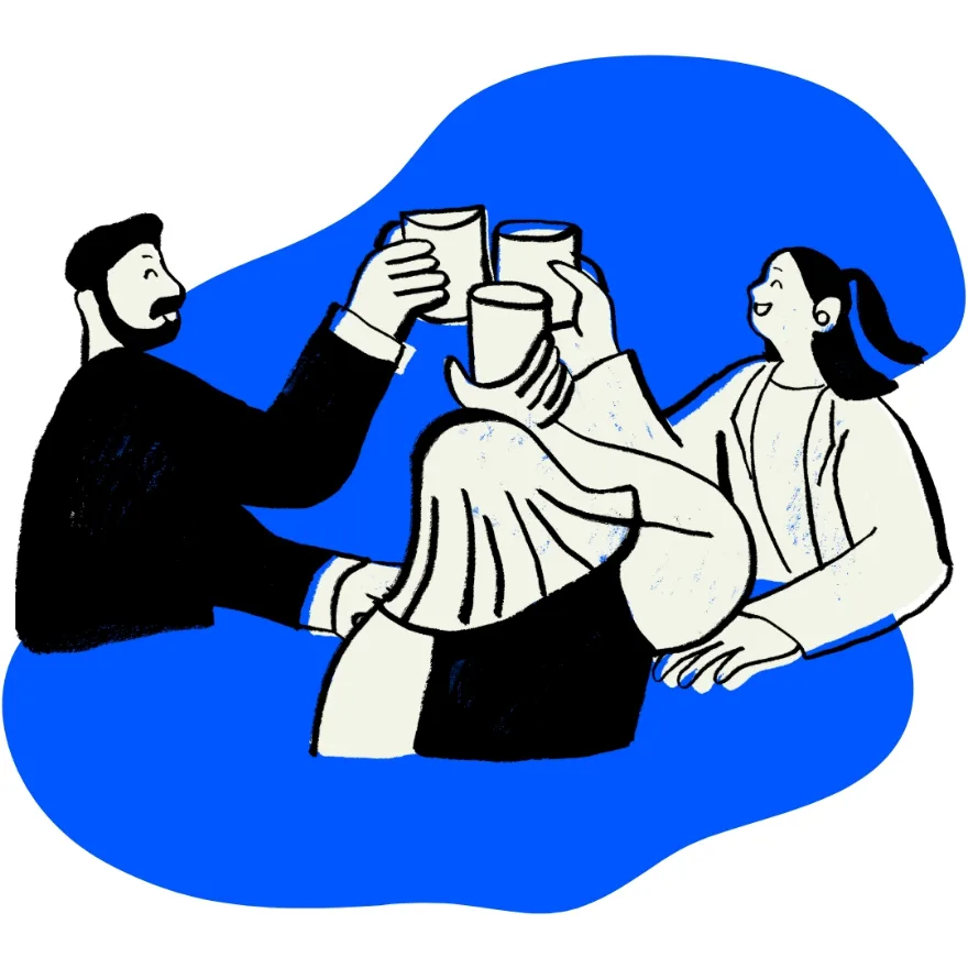 Illustration of a team raising mugs together in a toast
