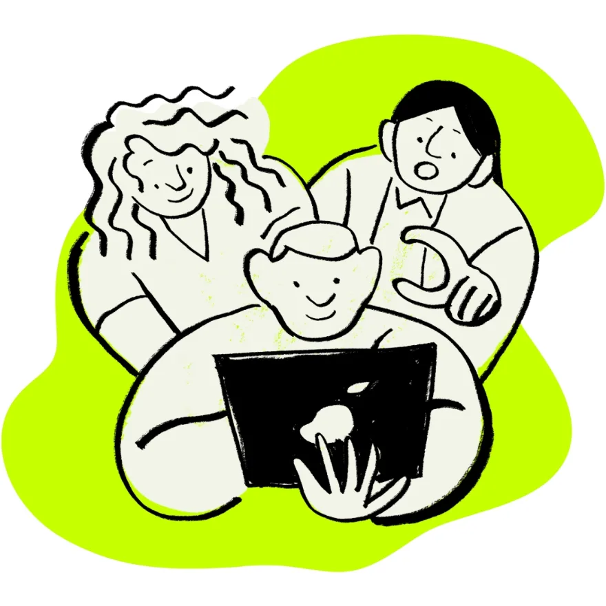 Illustration of three people gathered round a laptop, reviewing a new website
