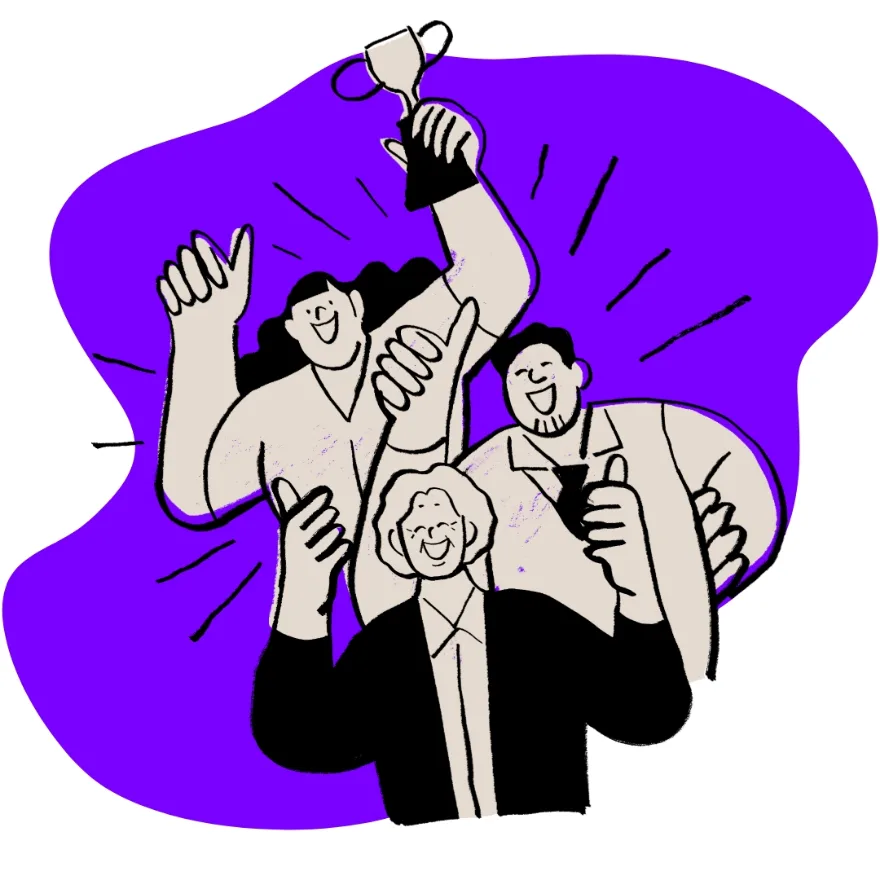 Illustration of a team celebrating a win with a trophy