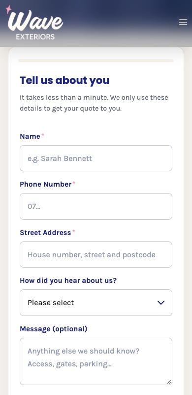 Wave Exteriors get-your-quote form on a phone