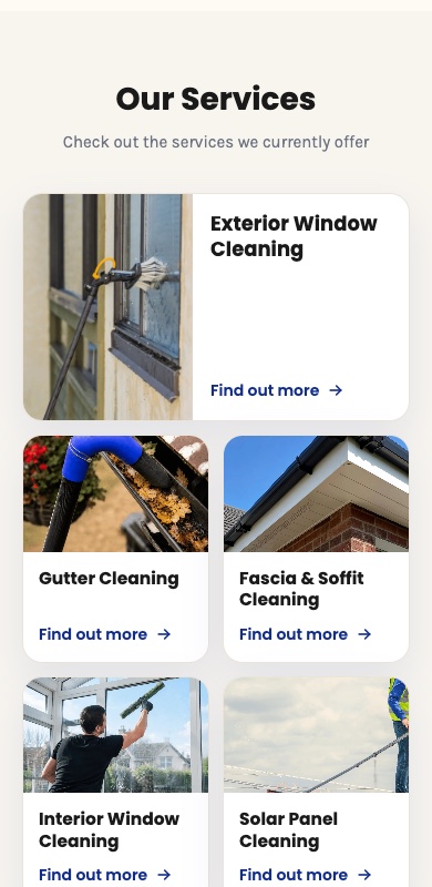 Wave Exteriors services section: a bento grid of service cards with photos on a phone