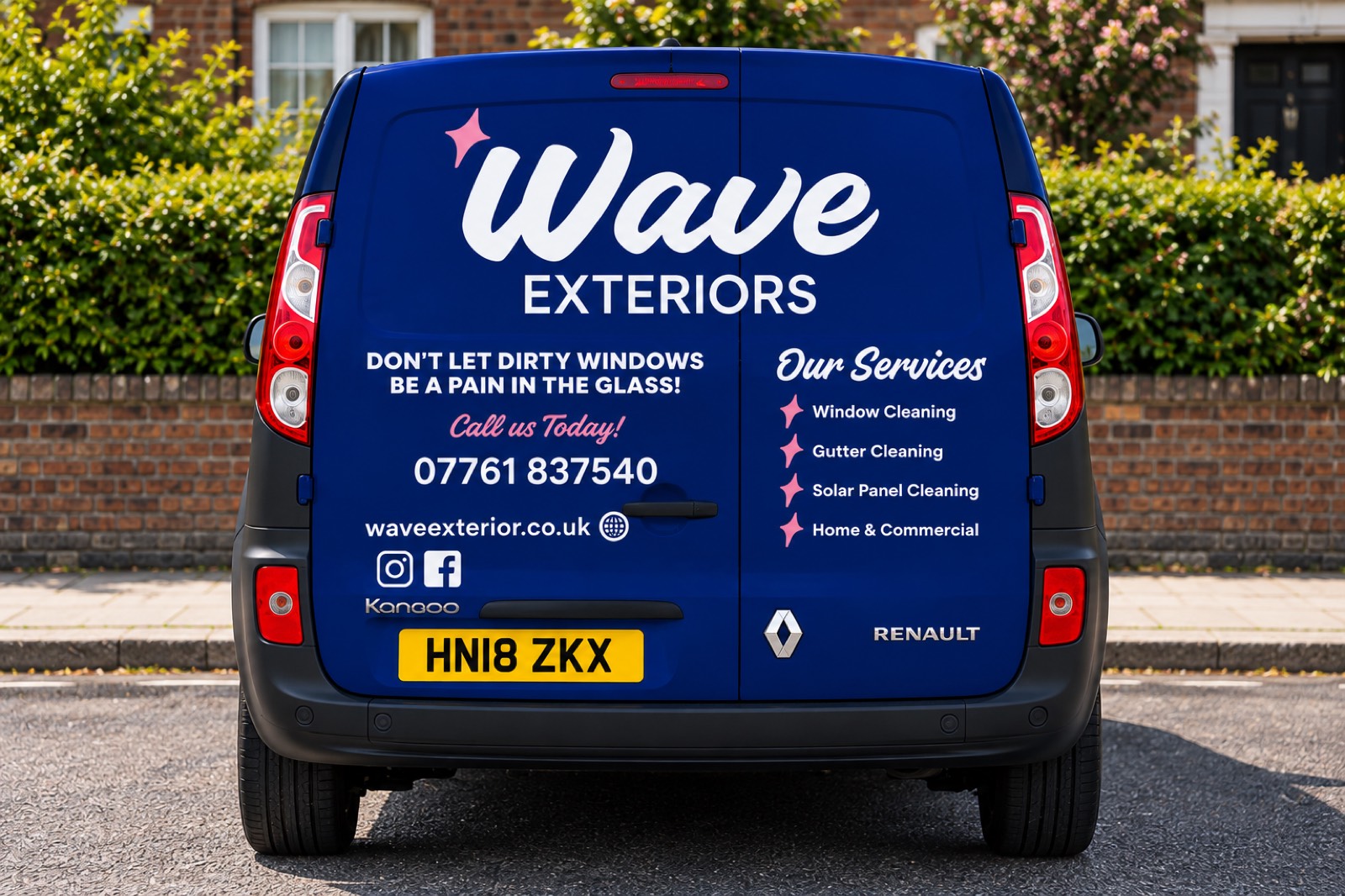 Wave Exteriors van livery mockup, rear view: navy doors with the logo, a window-cleaning pun, services and phone number
