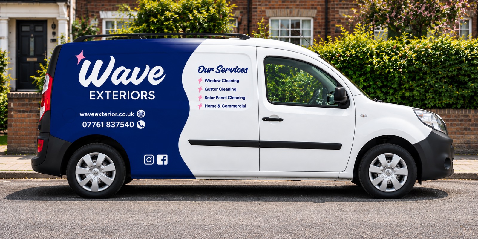 Wave Exteriors van livery mockup, side view: navy and white panels with the logo, services and contact details